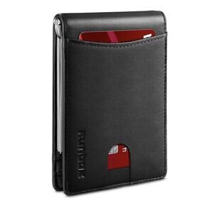 RUNBOX Slim Mens Wallet Black Leather RFID Bifold Minimalist Money Thin Clip